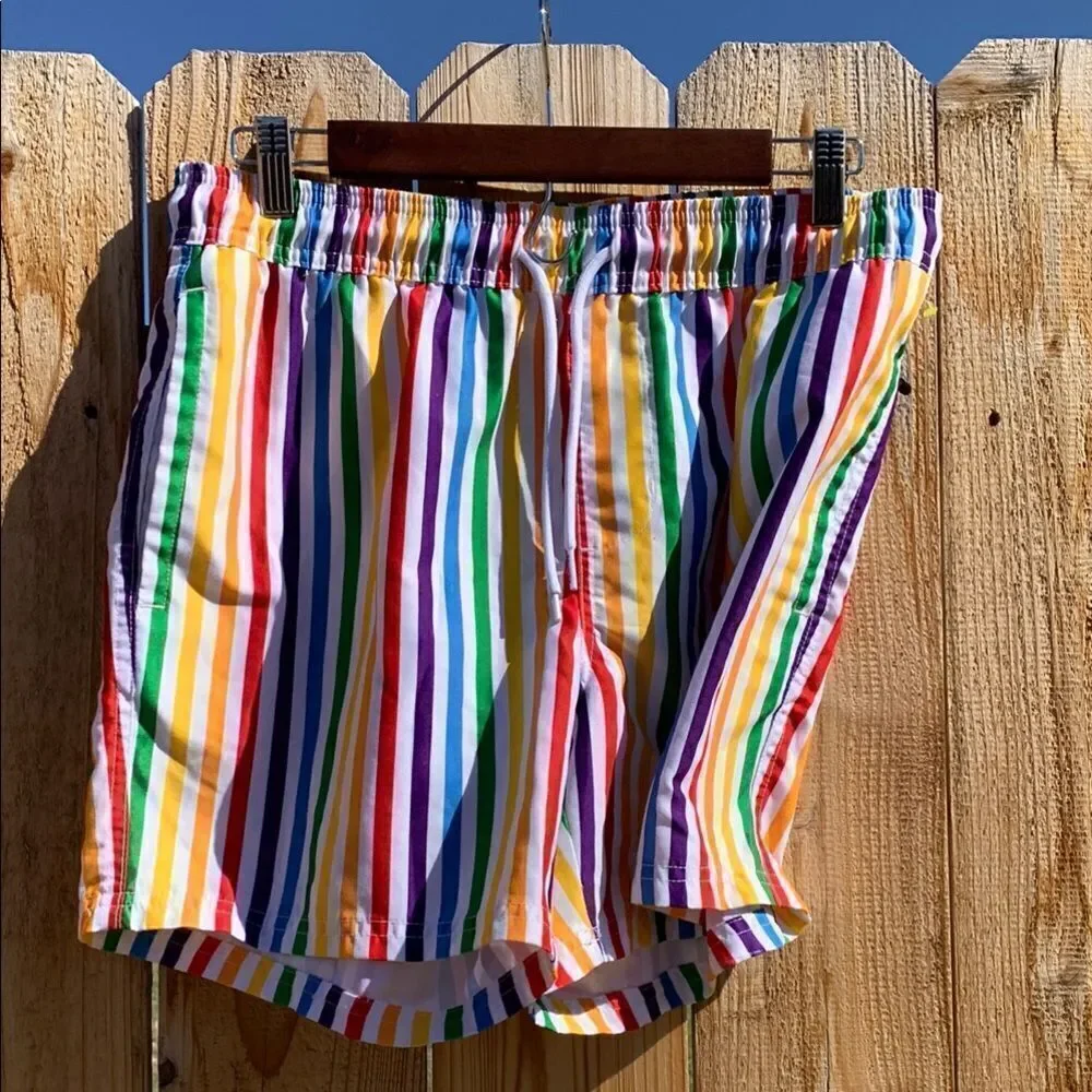 Take 50% OFF- Trinity Collective Rainbow Striped Unlined Swim Trunks, Size-M